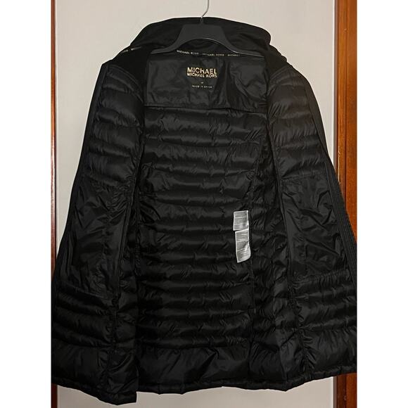 MICHAEL KORS BLACK DOWN QUILTED PUFFER JACKET COAT SIZE M STRETCH KNIT SLEEVES - Picture 3 of 7